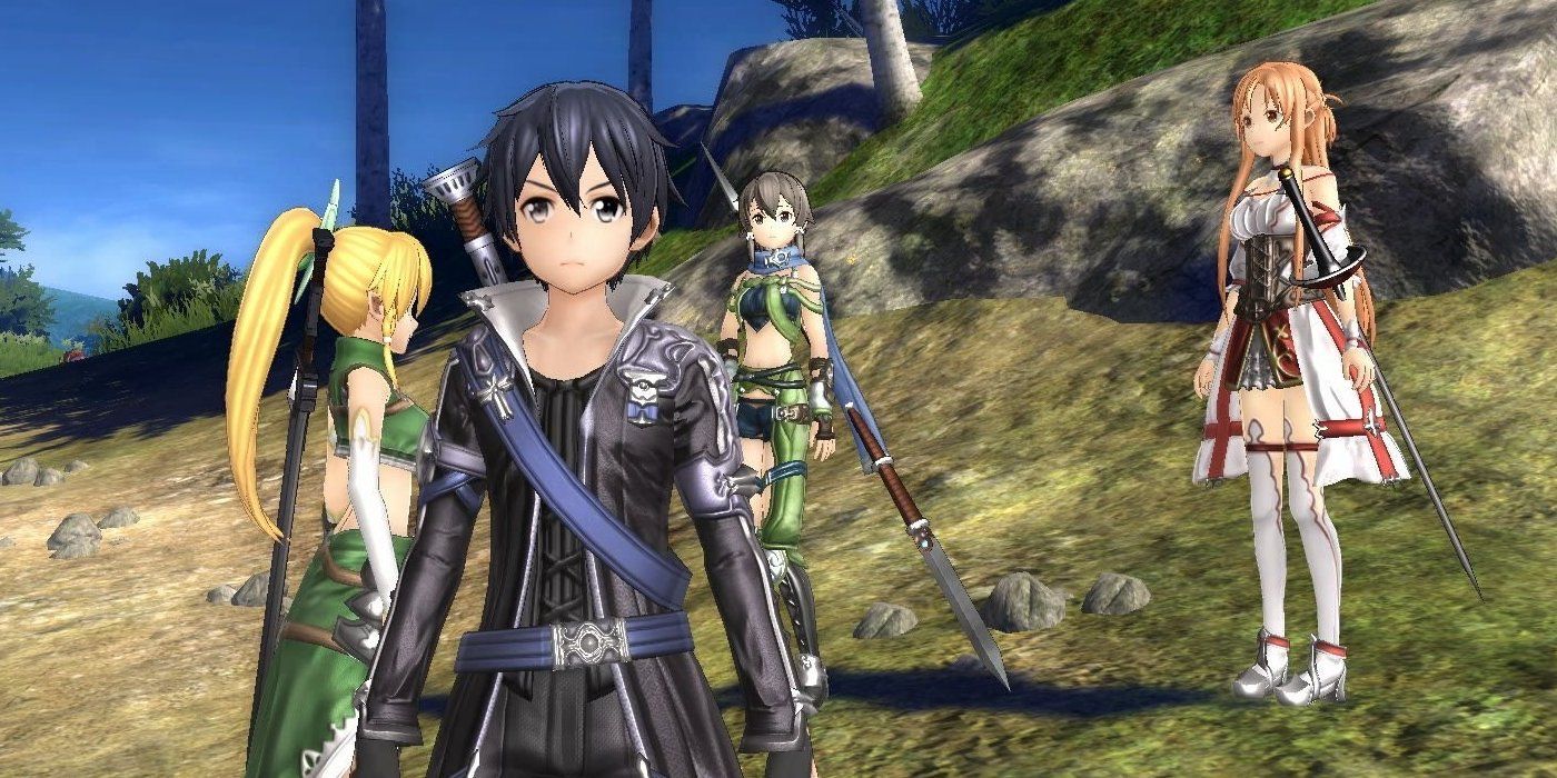  Sword Art Online Hollow Realization character Kirito and friends in a green landscape