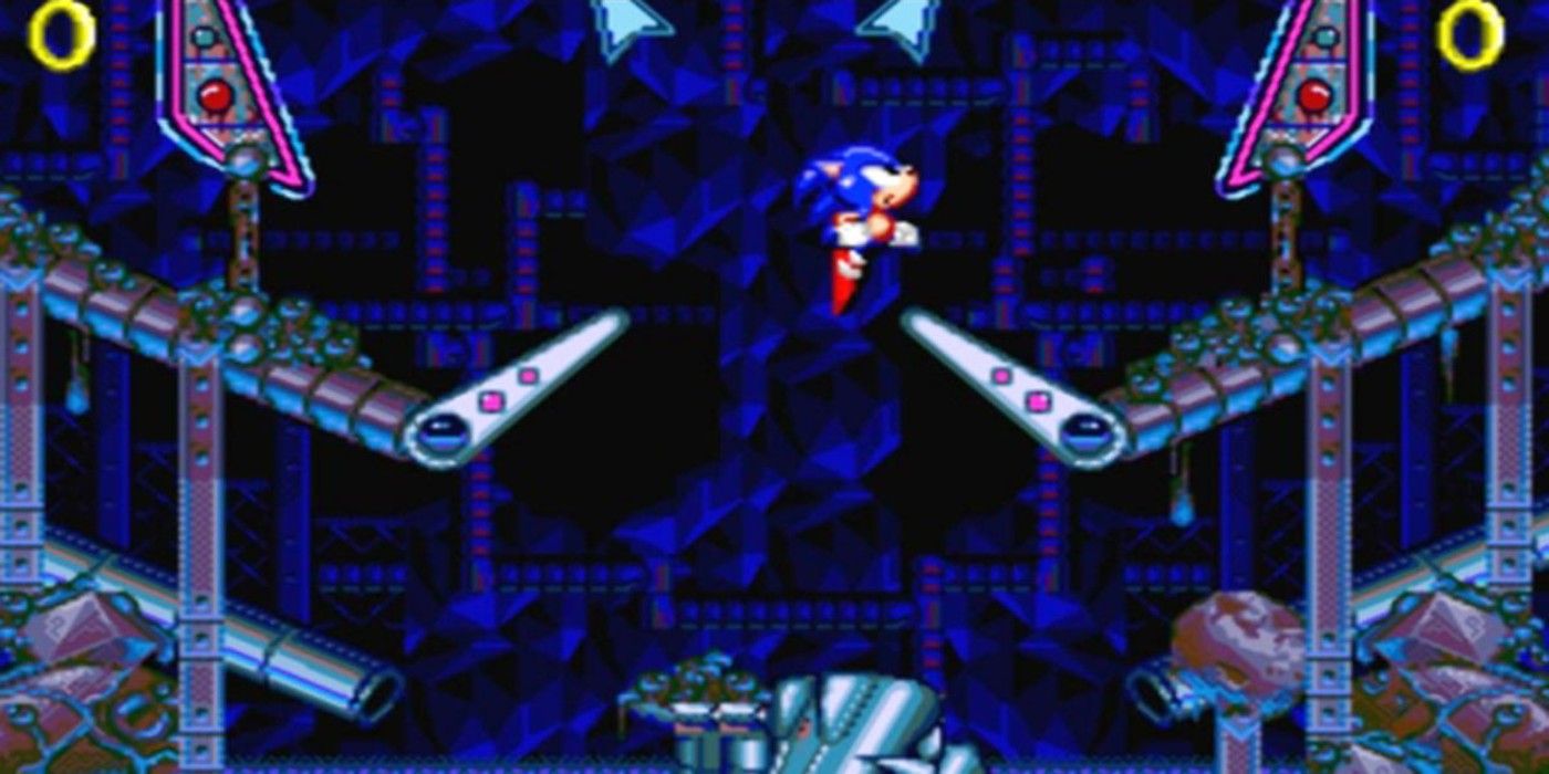 Sonic jumping inside a pinball machine.
