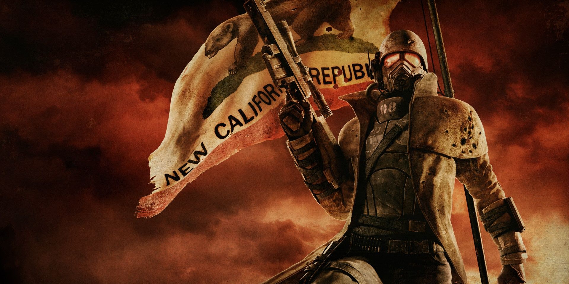 A figure in Ranger uniform holding a gun in front of an NCR flag