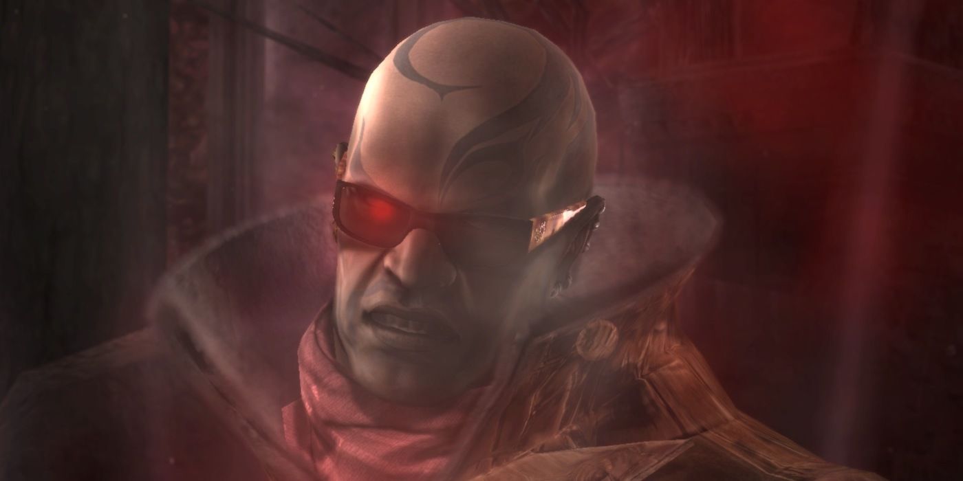 Rodin from Bayonetta close-up while glowing red with a grimace/angry look on his face