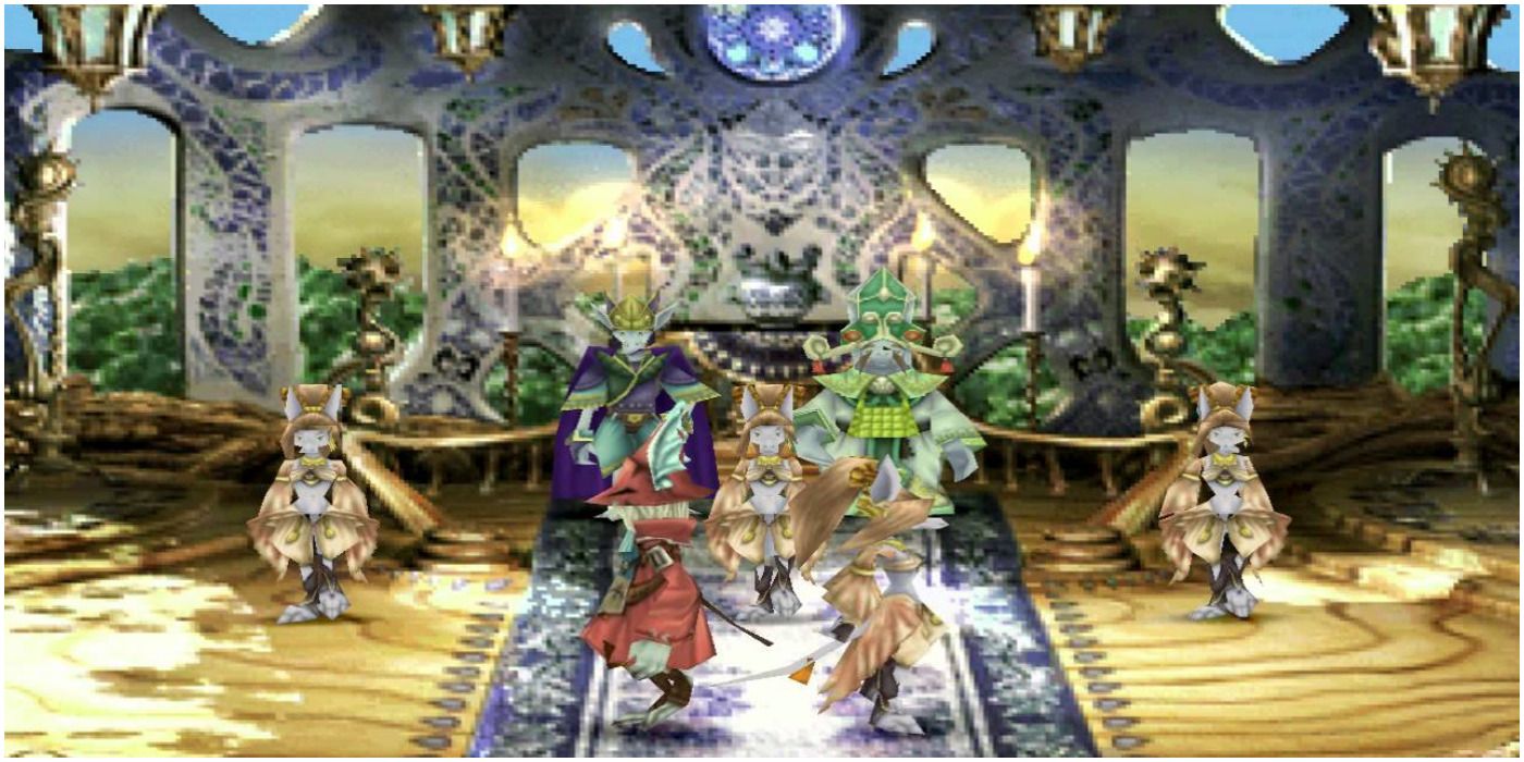 A group of characters stands in a bright room
