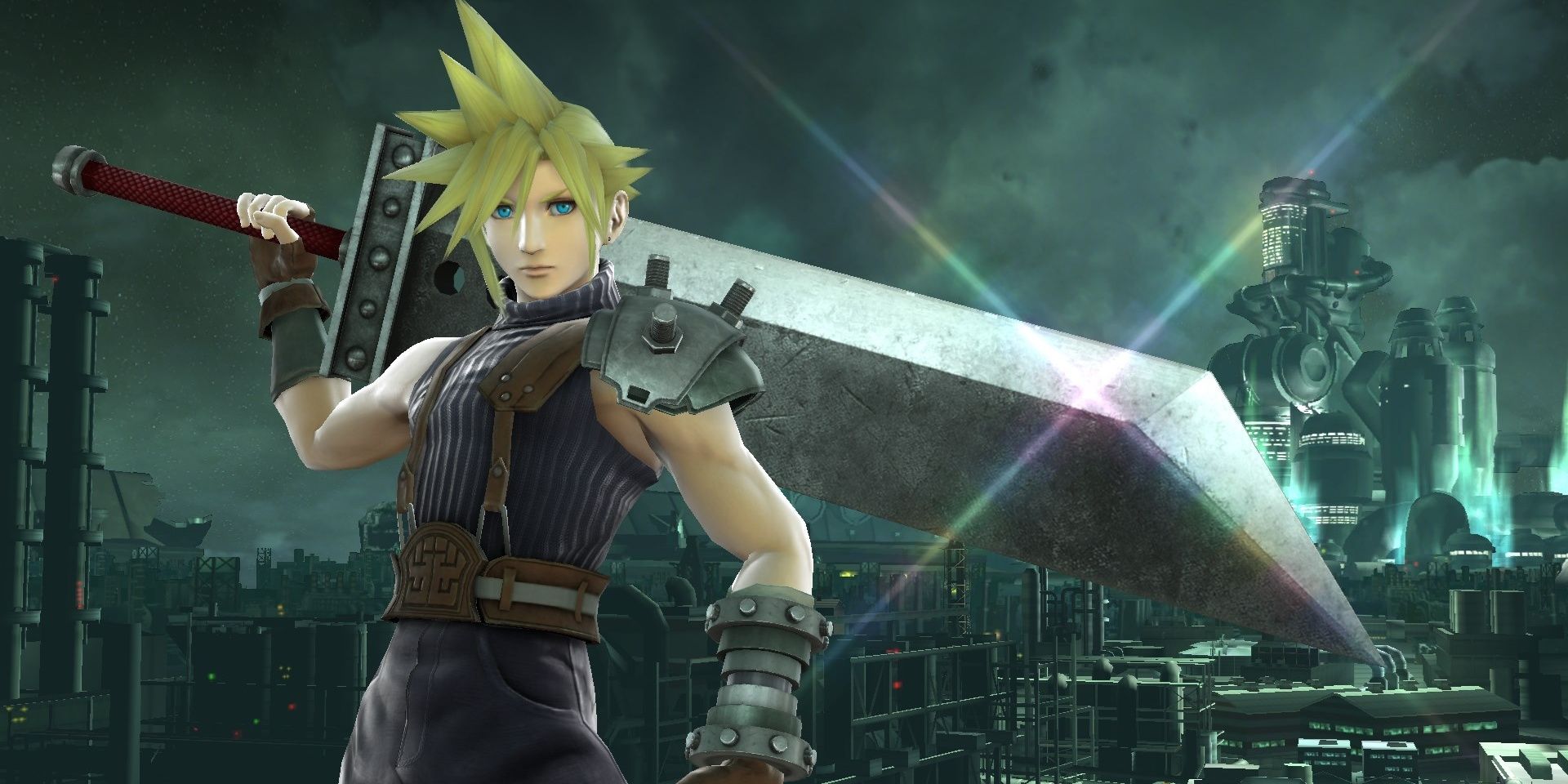 Cloud Strife standing beside Midgar in Super Smash Bros Ultimate