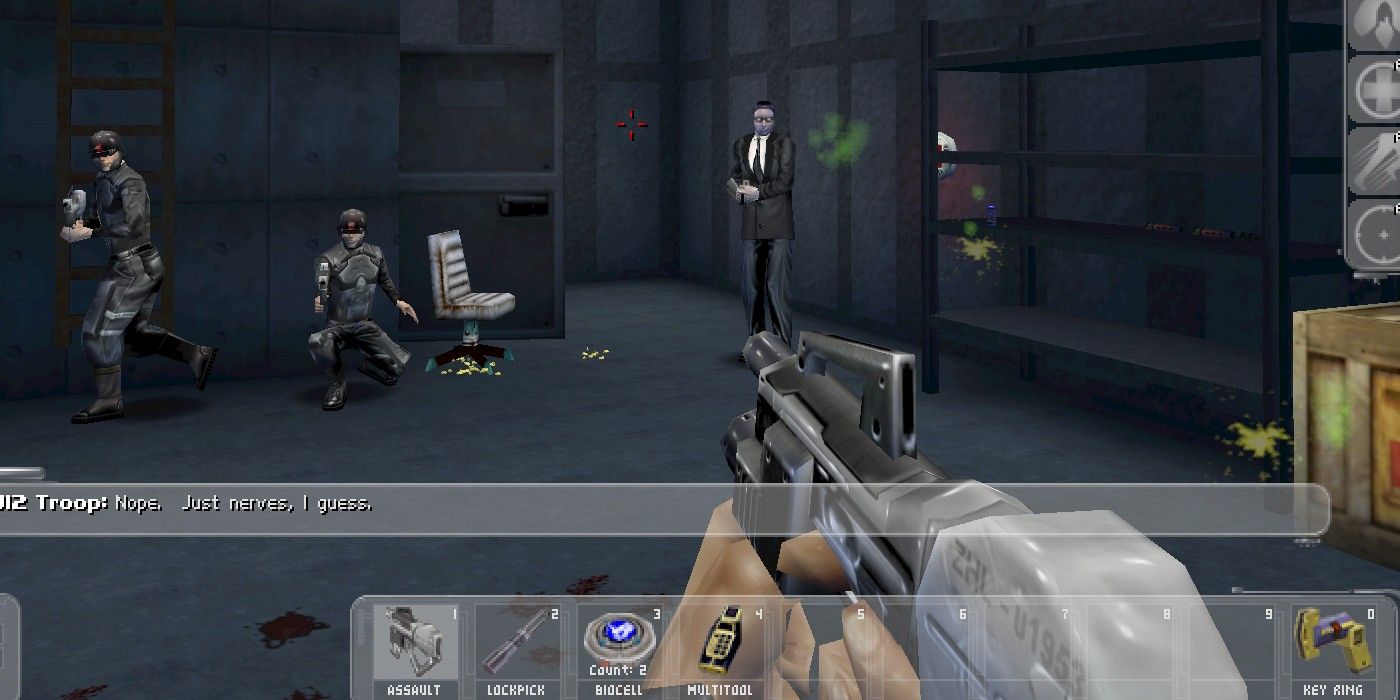 Deus Ex Original aiming weapon at troops and business man