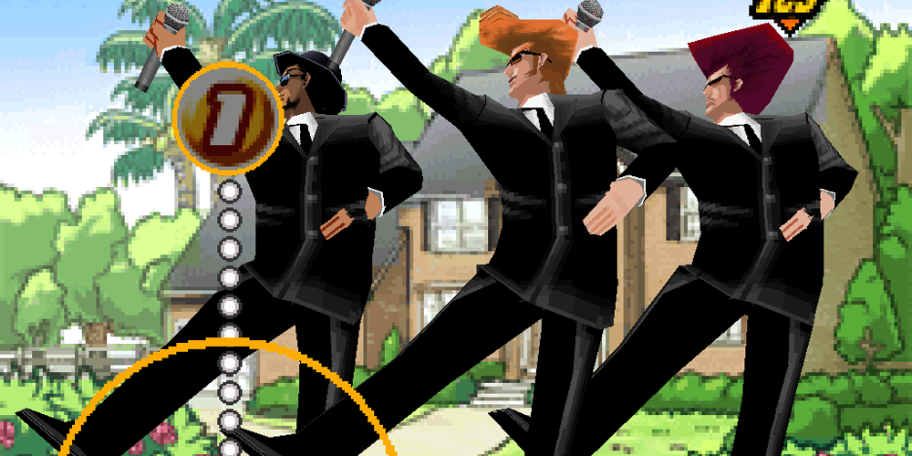 Three characters in suits in Elite Beat Agents