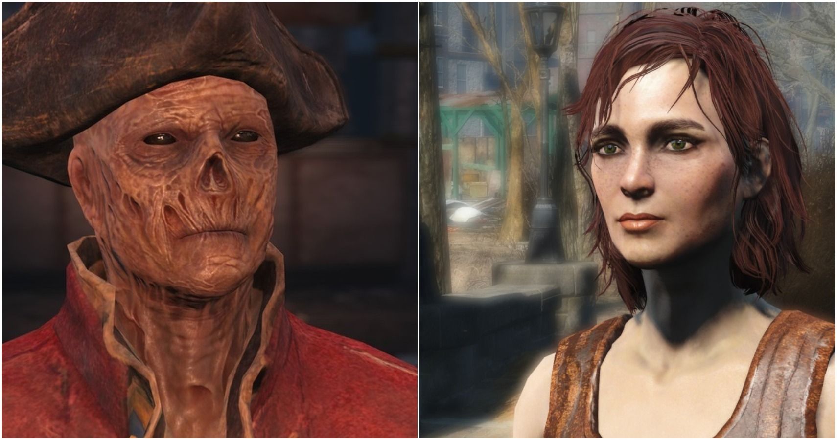 Split image of a ghoul and character-made protagonist in Fallout 4