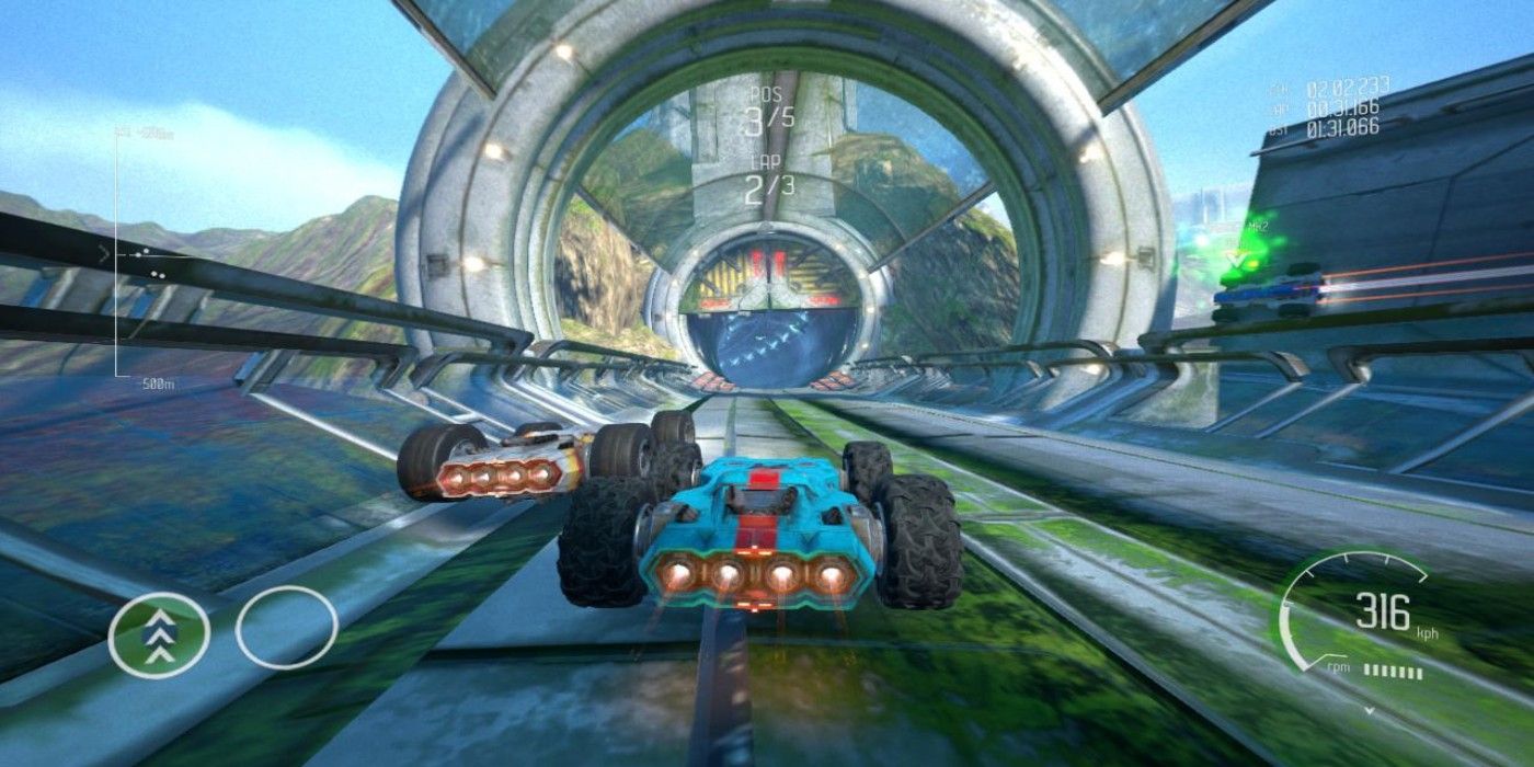 Low riding, big wheel vehicle racing through tunnel in Grip Combat Racing.