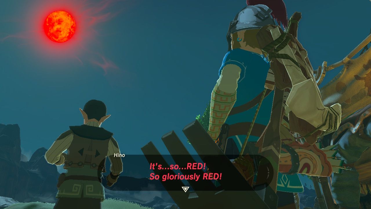 npc hino talking about how red the blood moon is with link standing behind him 
