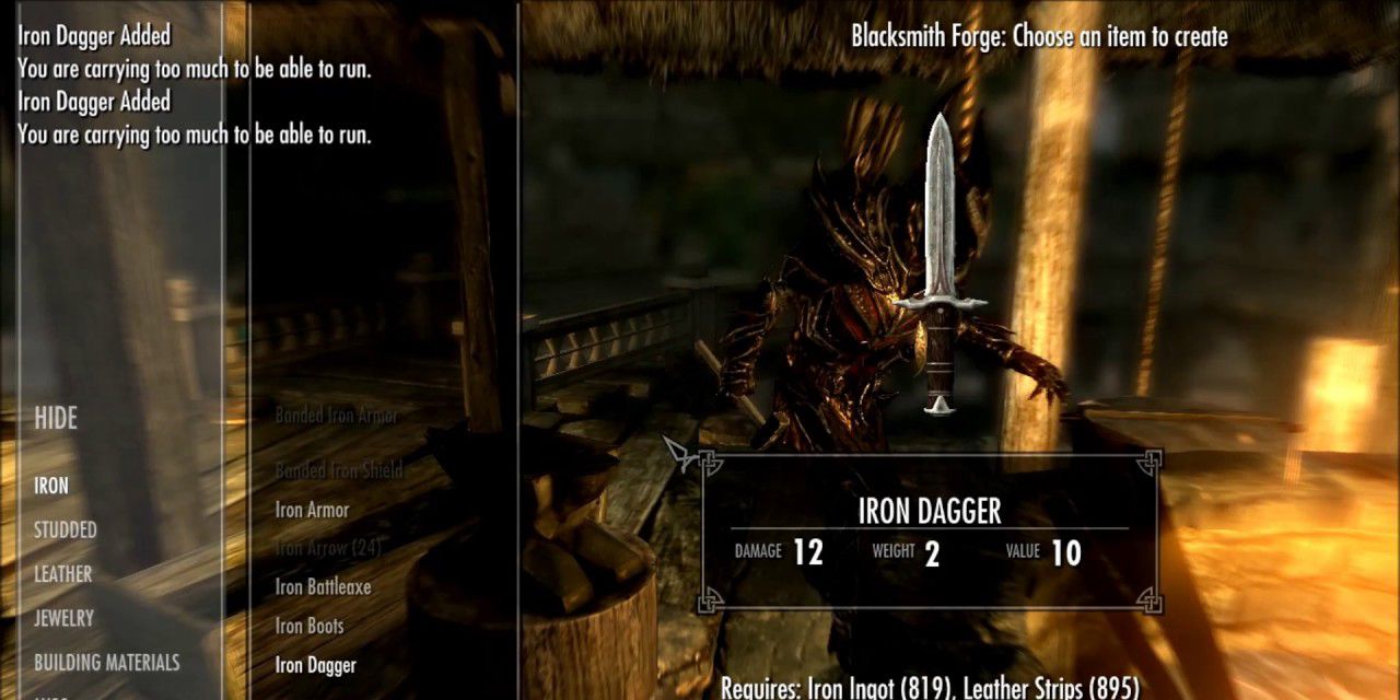 Forging an iron dagger in Skyrim