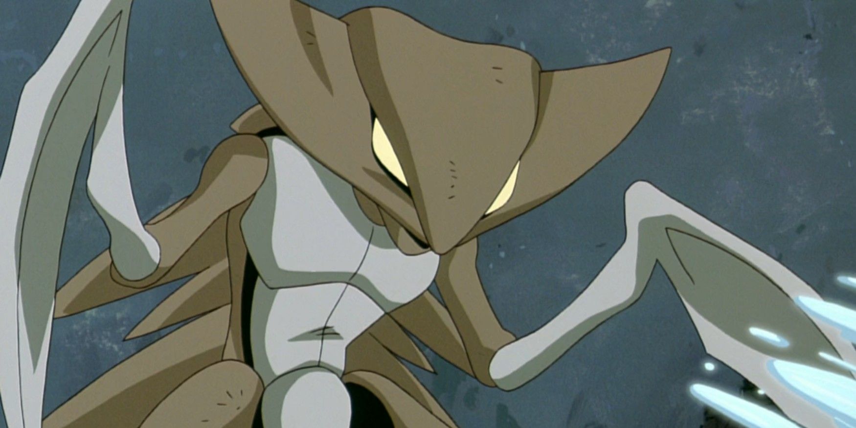 Kabutops from the Pokemon anime with glowing eyes.
