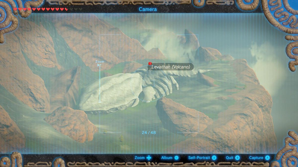 the leviathan bones near the volcano in breath of the wild, seen through the sheikah slate's camera option 