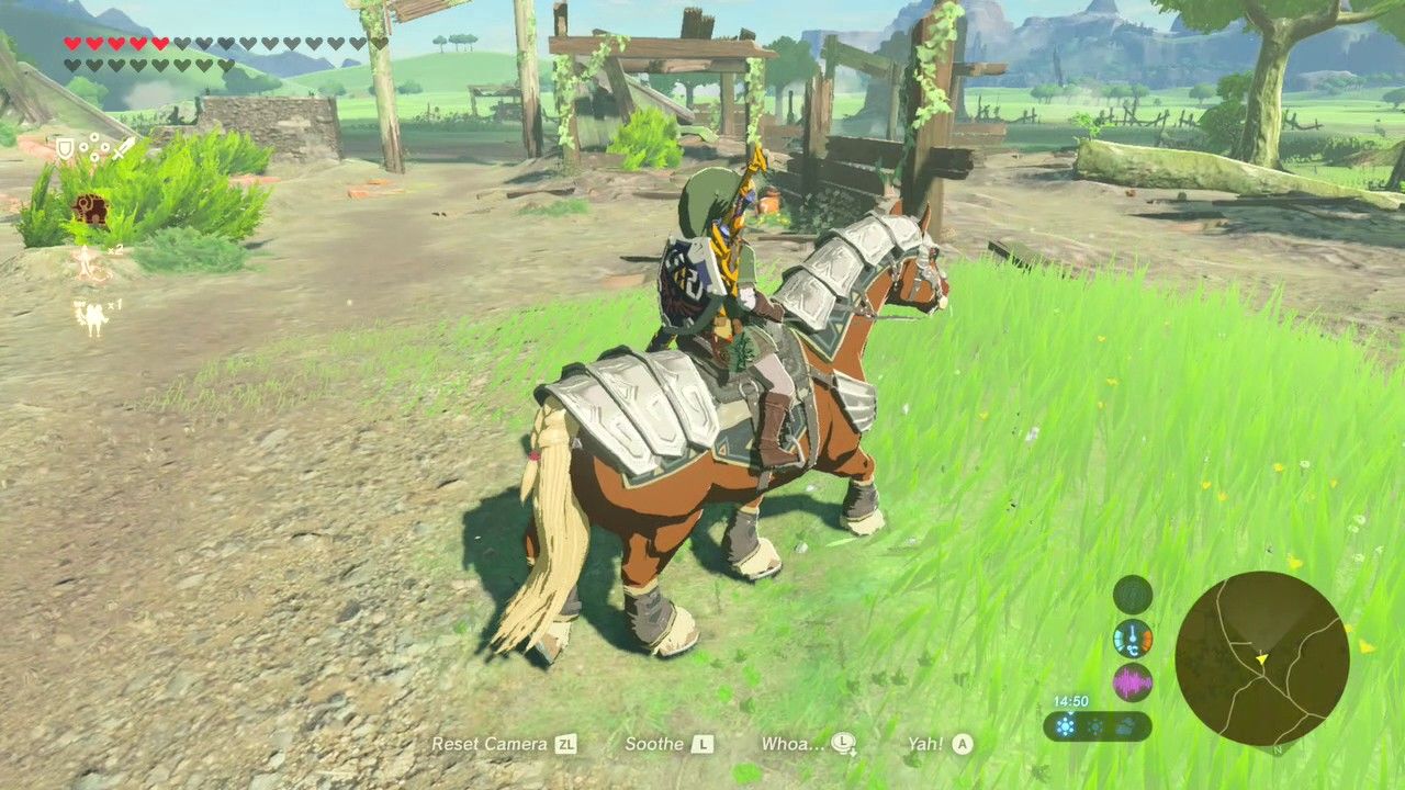 link on a horse near the ruins of what seems to be ocarina of time's lon lon ranch 