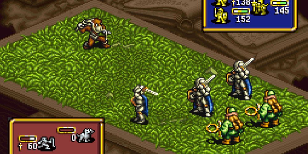 A scene taken from a combat encounter in Ogre Battle for the SNES
