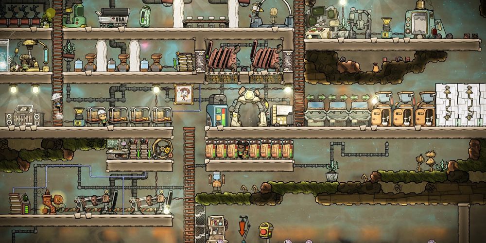 A busy base setup with lots of machinery in Oxygen Not Included