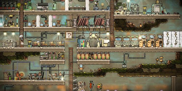 A busy base setup with lots of machinery in Oxygen Not Included