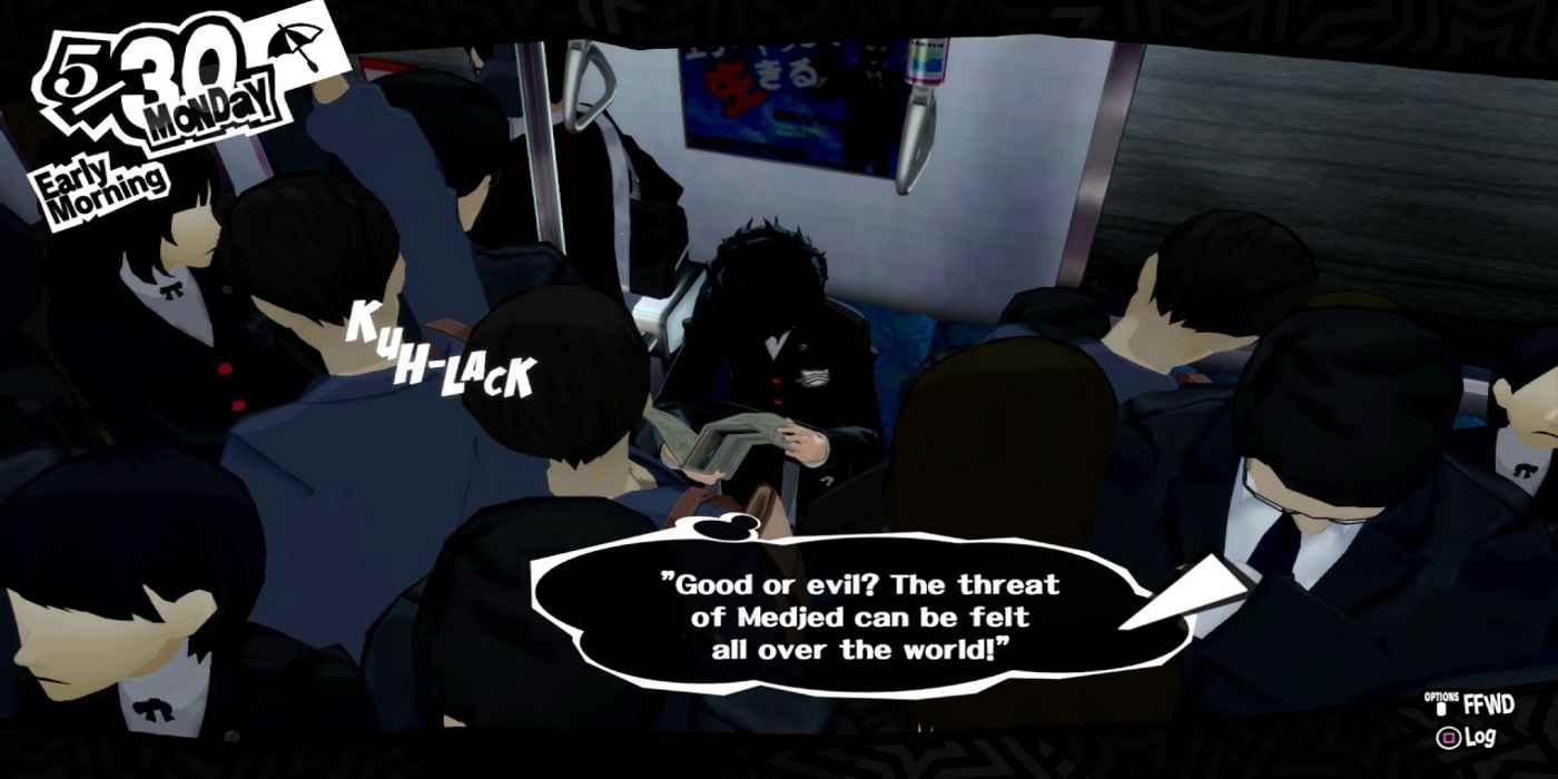Joker reading a book on the train in Persona 5 Royal