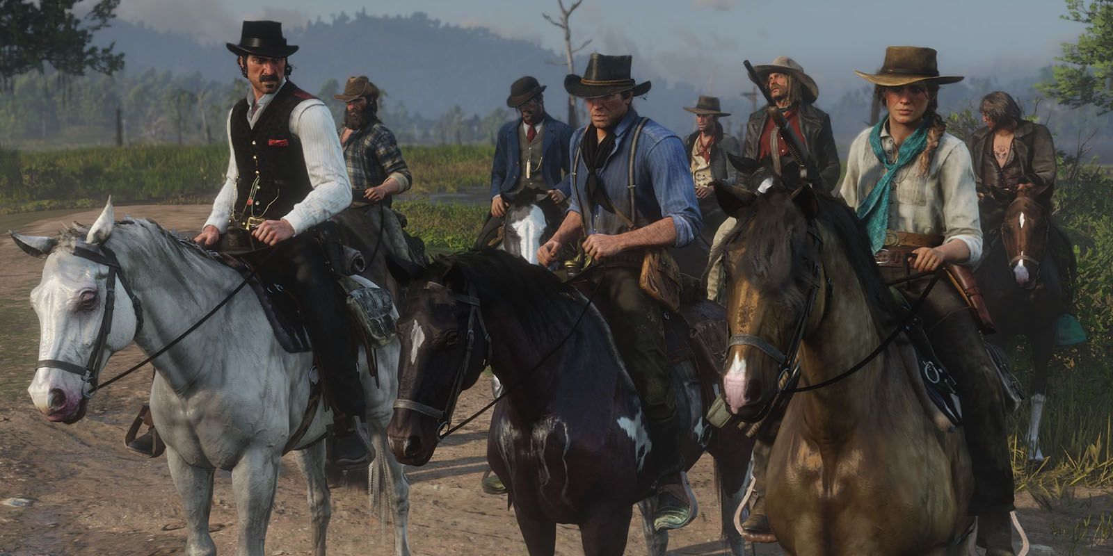 dutch, sadie adler, arthur, and the rest of the gang all on horseback ready for a fight