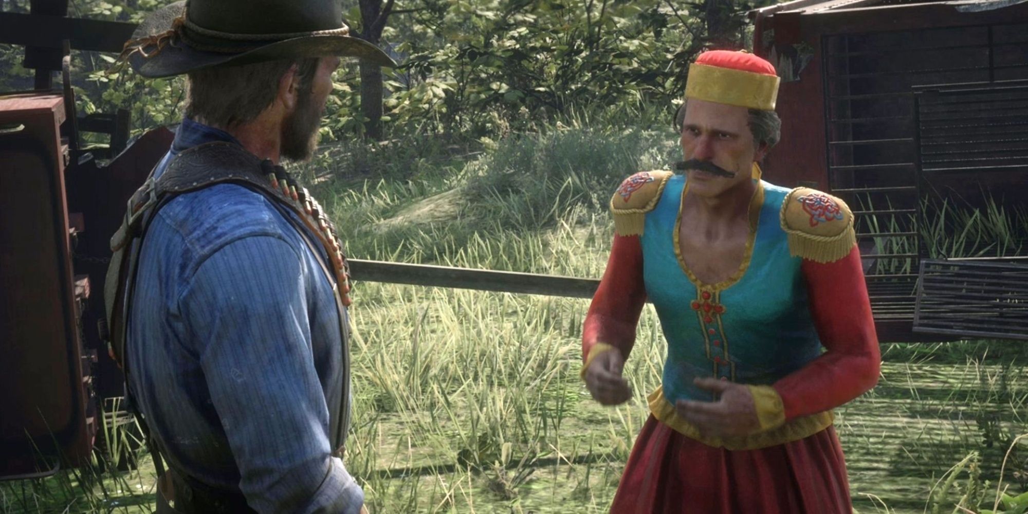 Red Dead Redemption 2 Screenshot Of Arthur Next To Guy From Circus