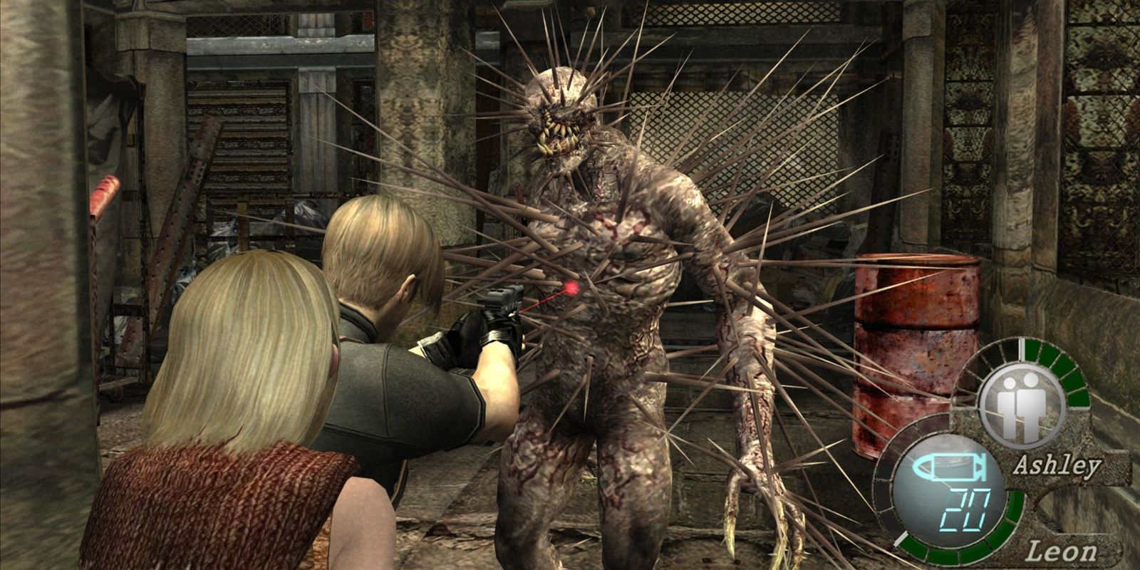Resident Evil 4 Leon Kennedy fighting Iron Maiden