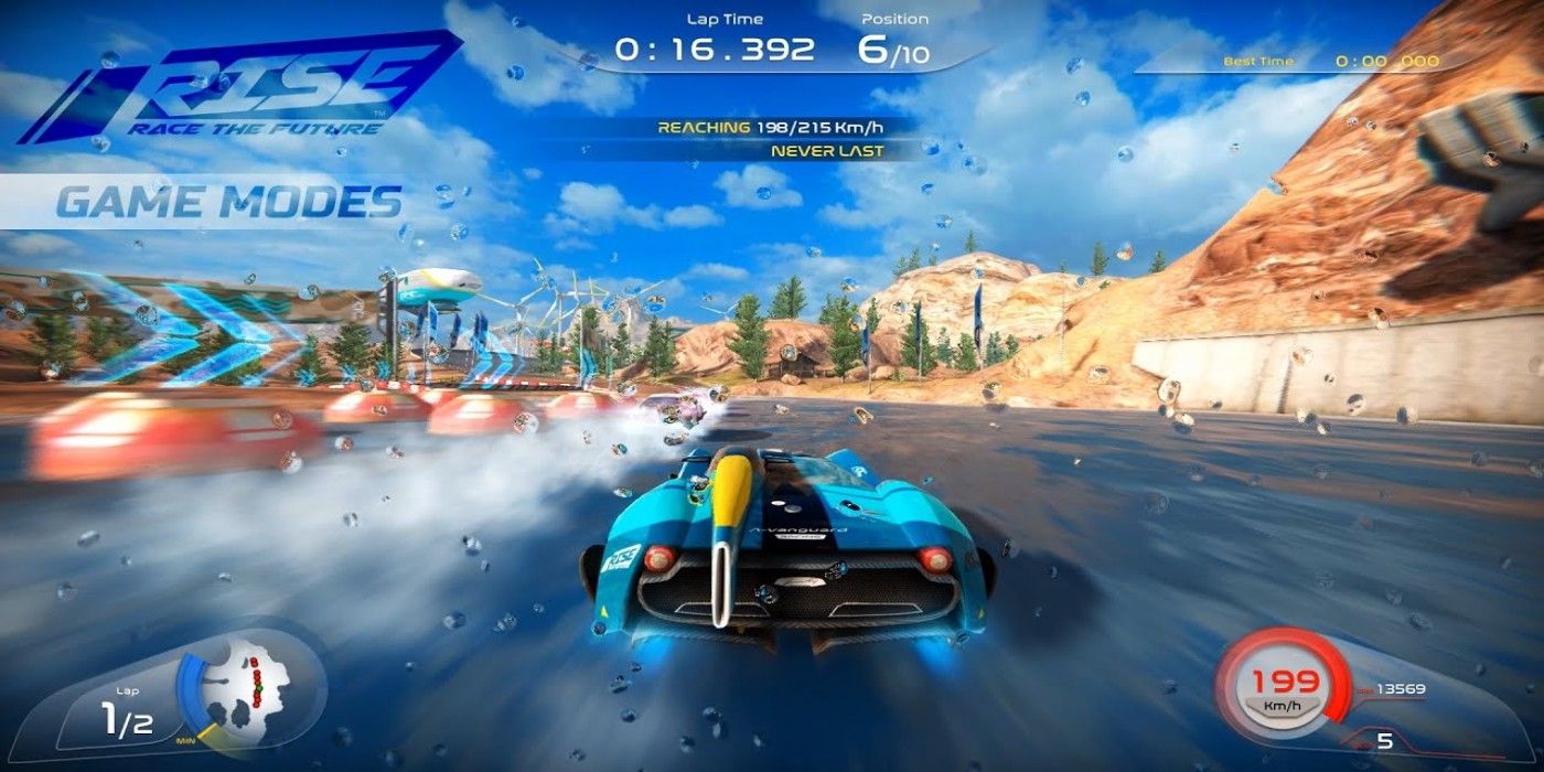 Rise Race The Future Switch water splashing on camera on canyon river map