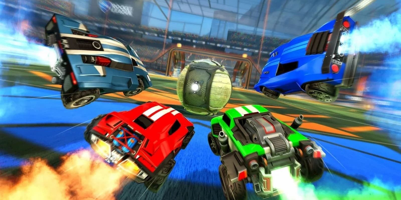 Four rocket powered cars diving toward the same ball in Rocket League 