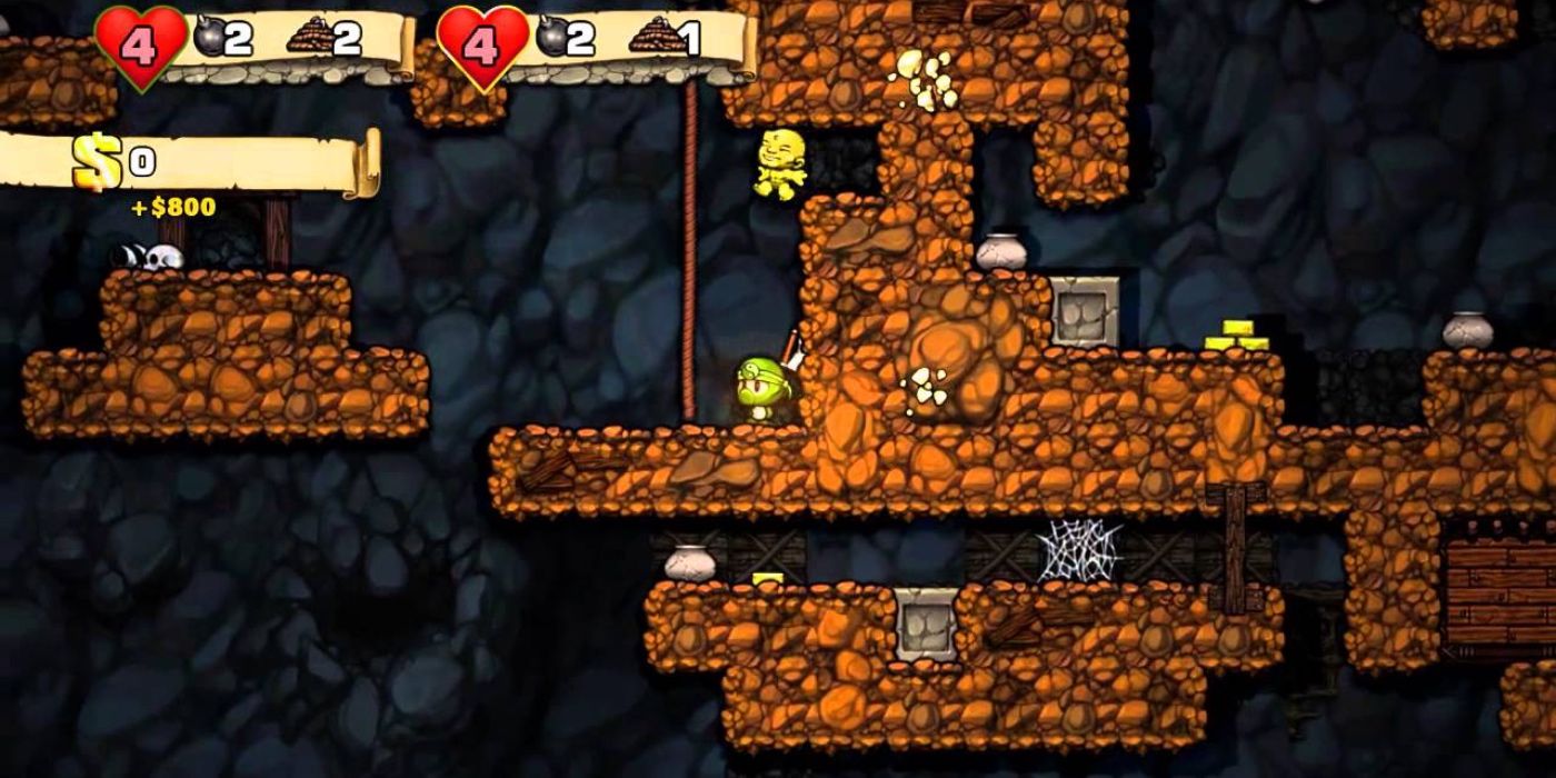 Spelunky - The Protagonist Hunting For Treasure In A Dark Tunnel