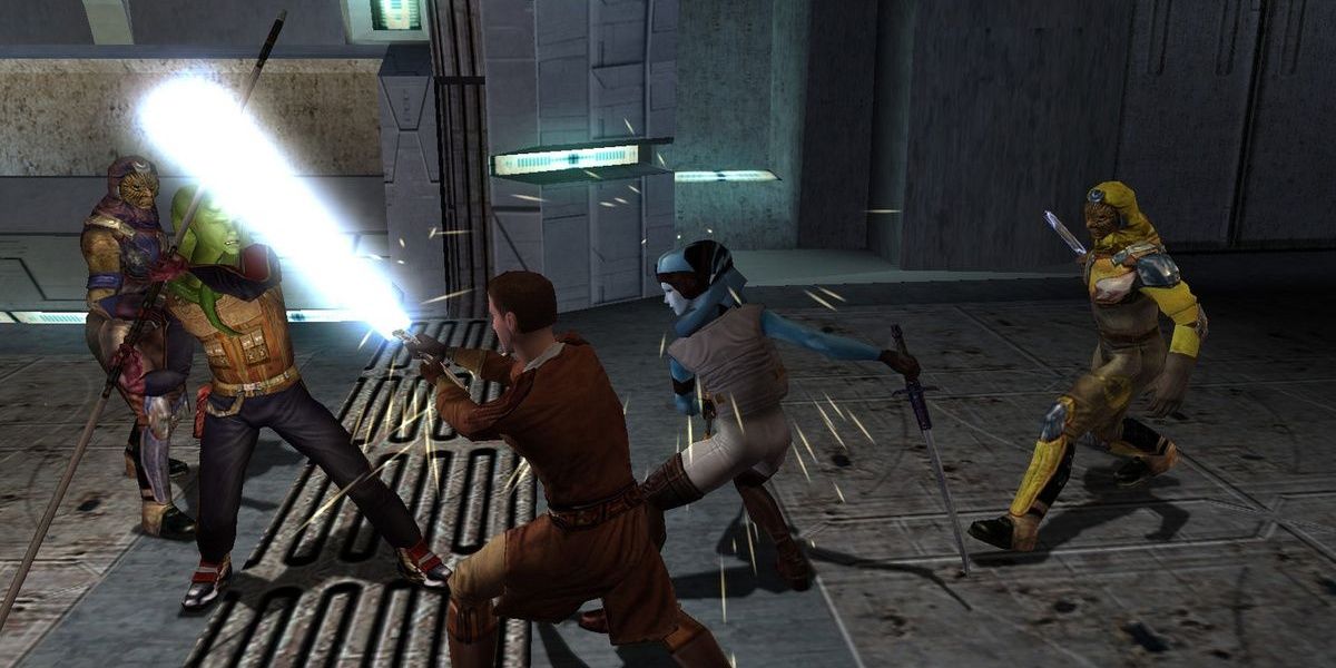 The Main character and Mission from KOTOR fight a group of Vulkar gang members.