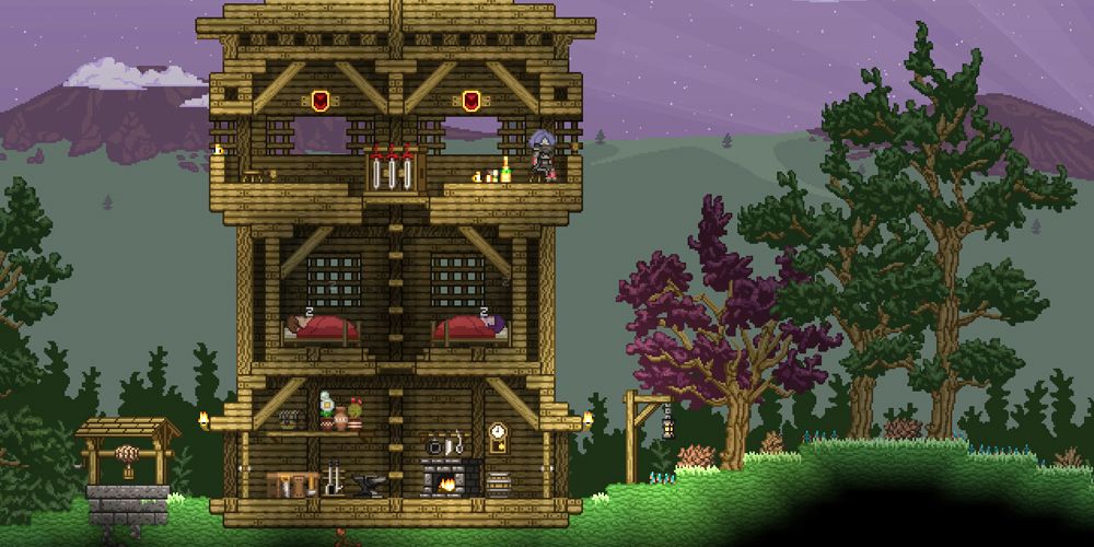 A three story house made of wood in Starbound