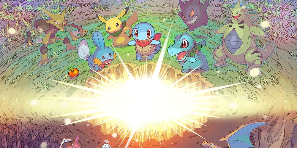 A bunch of Pokemon around a hole on the ground that is shinning.