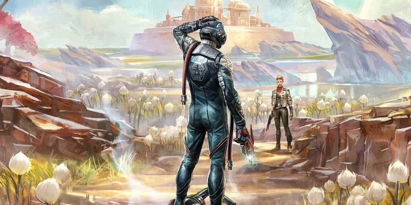 promotional boxart for The Outer Worlds, featuring  the main character overlooking an science fiction vista
