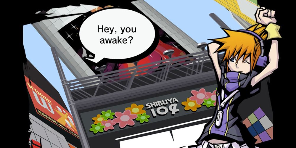 Neku in front of the 104 building in The World Ends With You