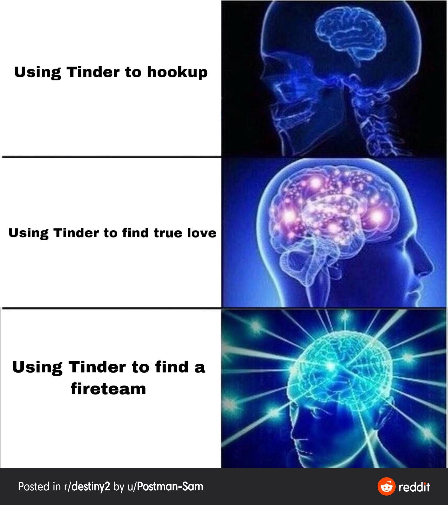 A big brain Destiny 2 meme shows the progression of using Tinder to find a fireteam.