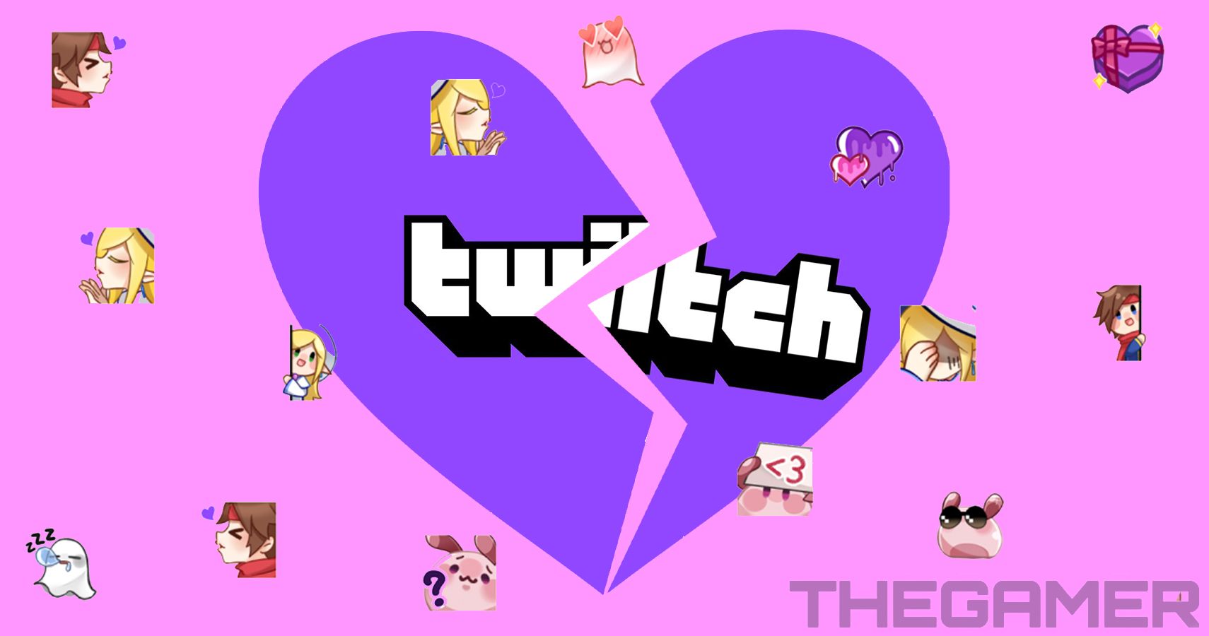 Twitch logo on a broken heart with Valentine's Deay emotes surrounding it.