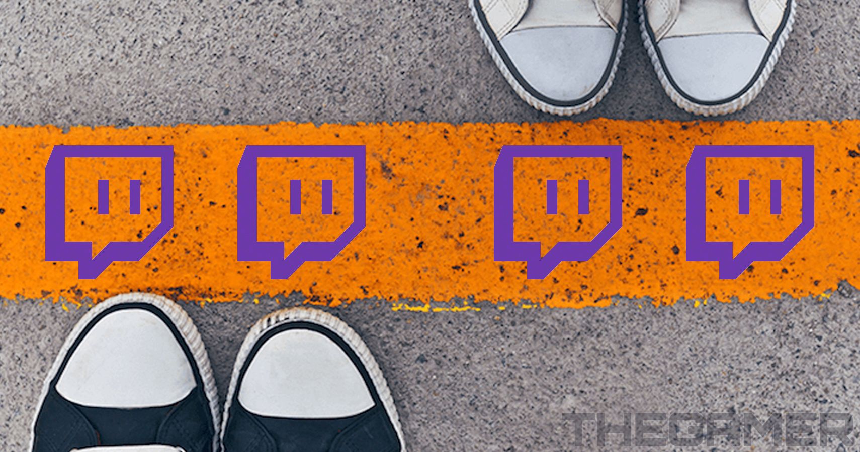 Two pairs of sneakers are on opposite sides of a boundary line that has Twitch logos on it.