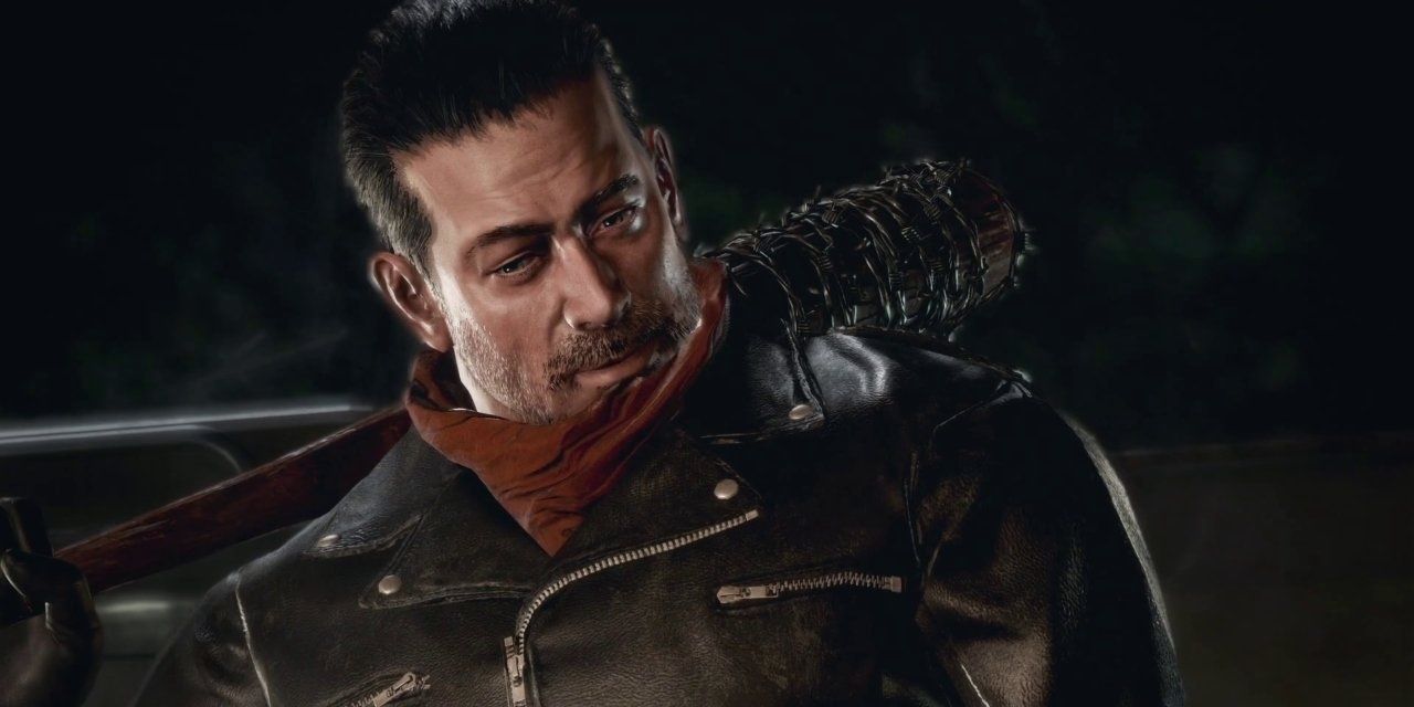 Negan holding baseball bat and looking down