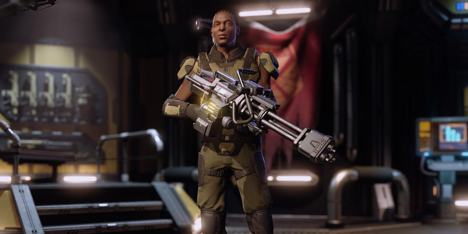 The Grenadier class from XCOM 2 standing in the barracks