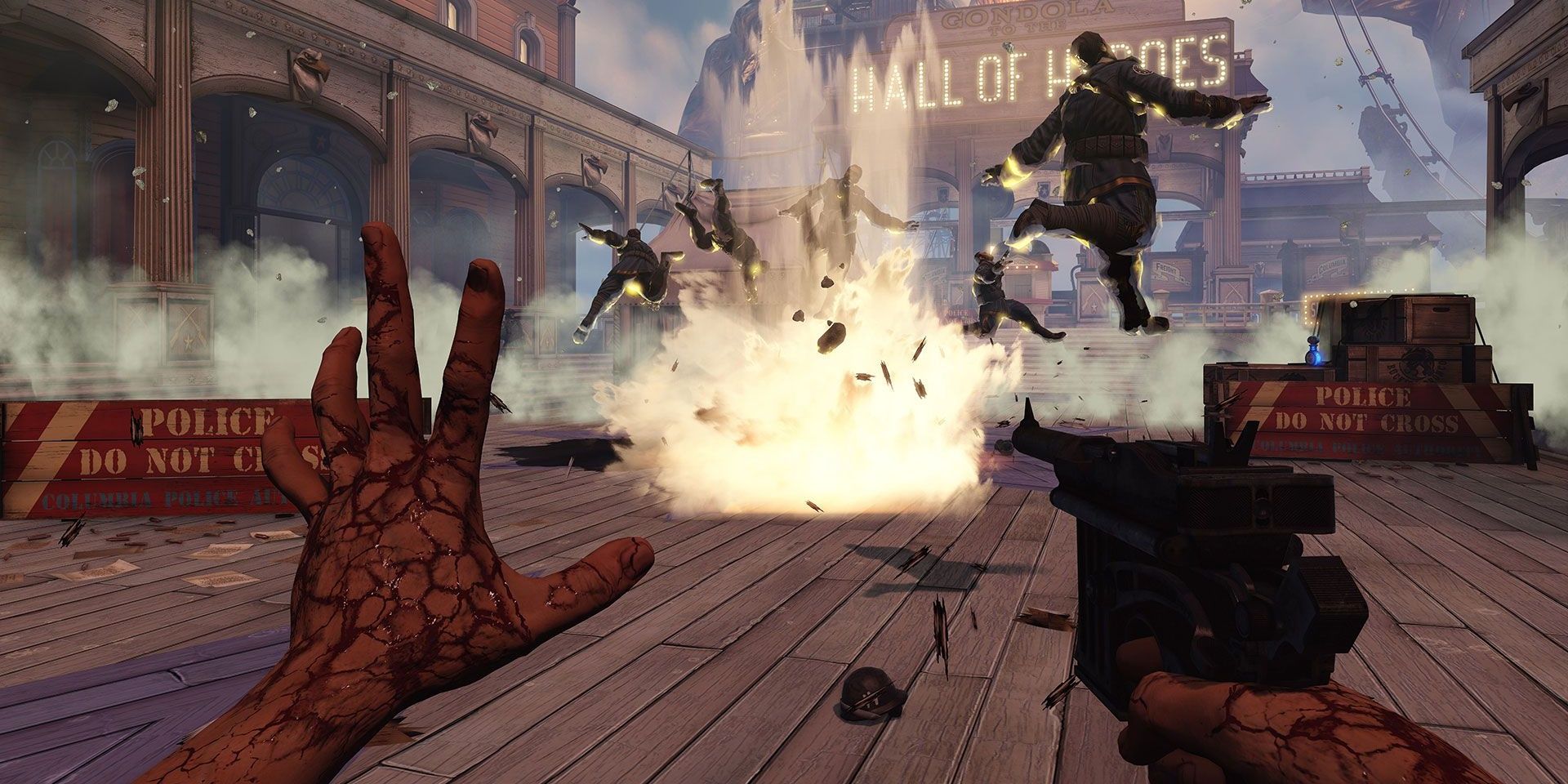 Booker using a Vigor ability on a group of Columbia soldiers near the Hall of Heroes in BioShock Infinite.