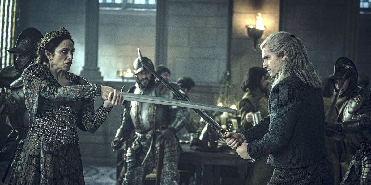 The Witcher Screenshot Of Queen Calanthe Pointing Sword At Geralt