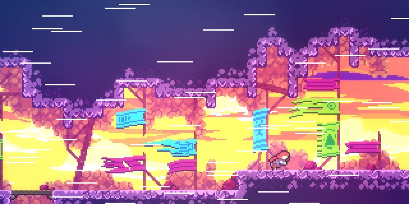 Celeste dashing through sidescrolling platform-filled cavern with various blue and green flags and a sunset background.