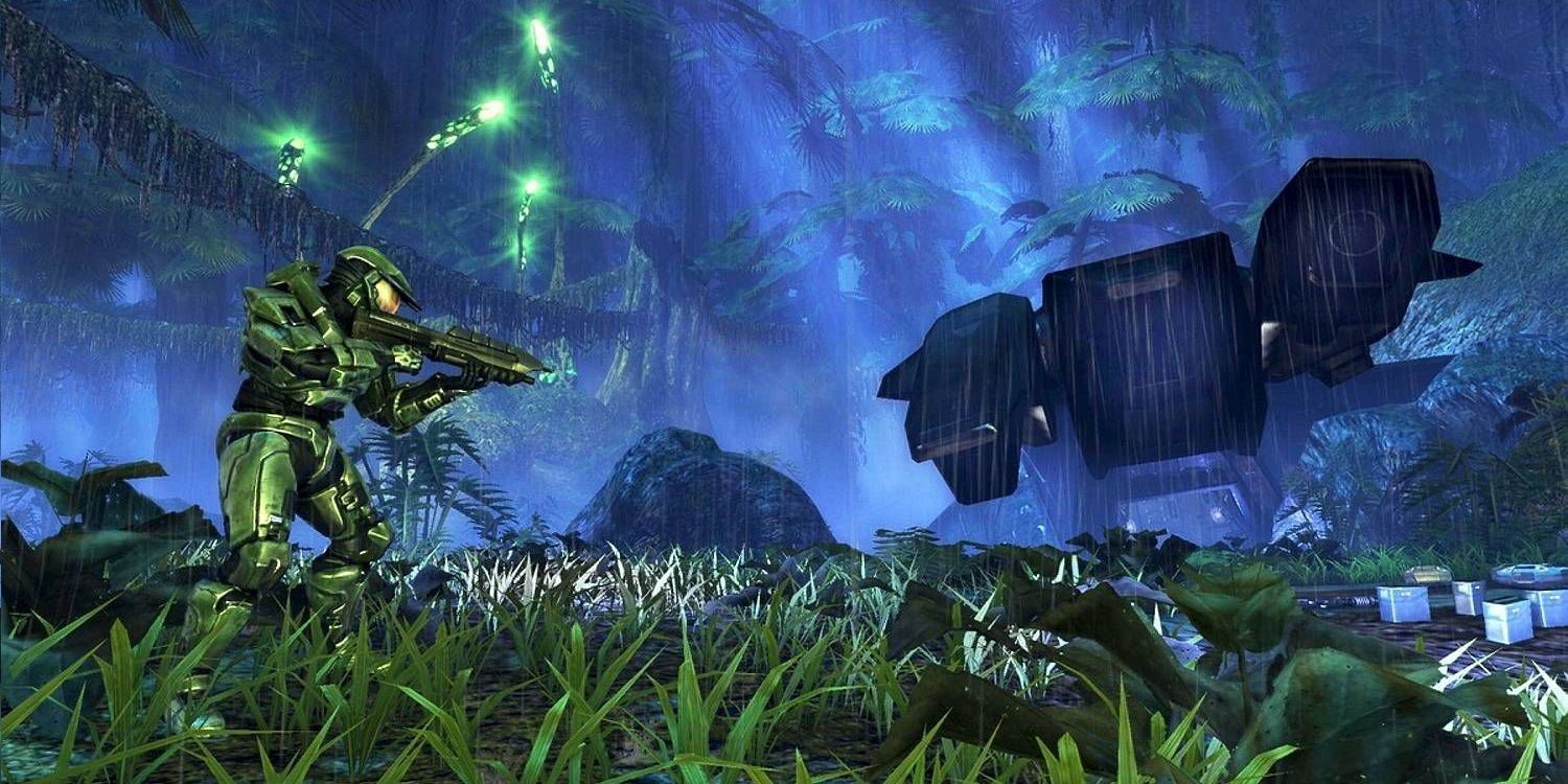 Master Chief aiming at downed Pelican in the rain from Halo Combat Evolved