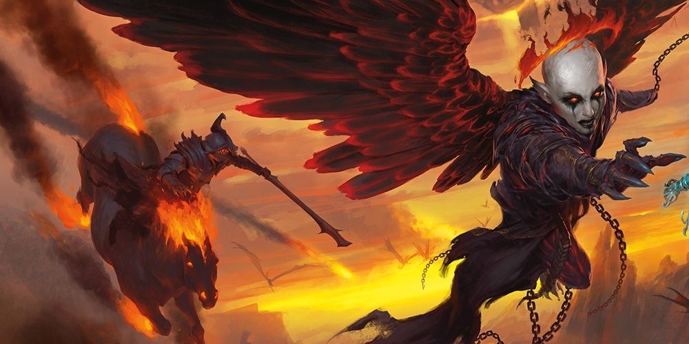 evil angel and hellrider in fiery landscape