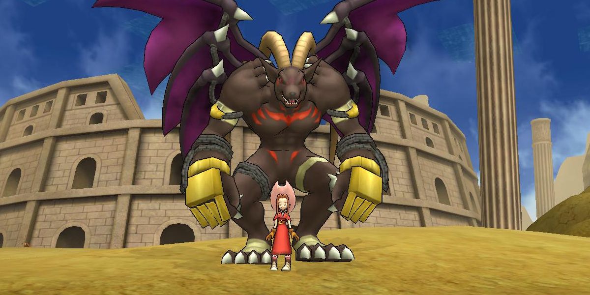 Large demon creature stood in front of a colosseum with a small person