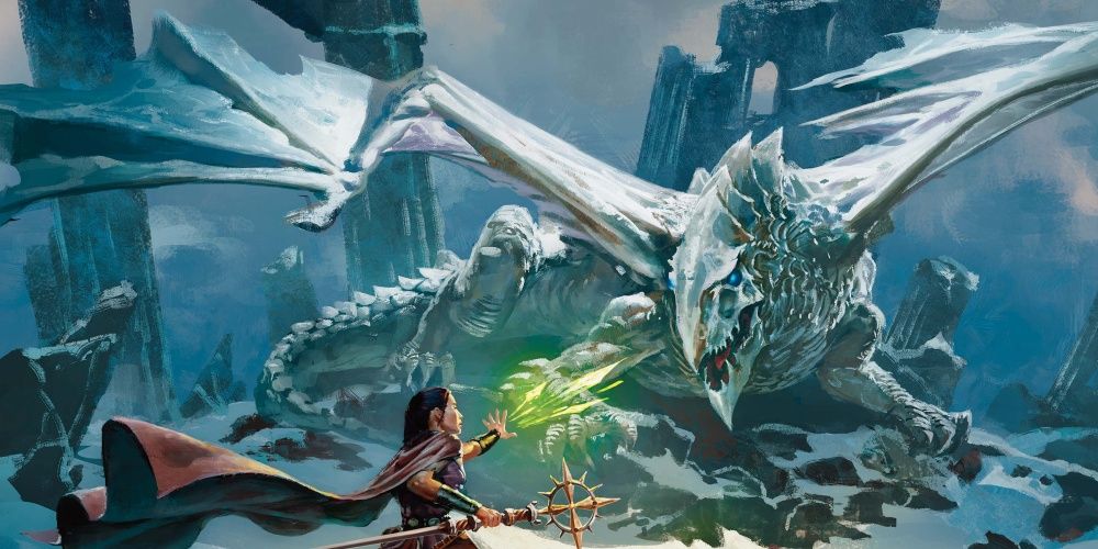 white dragon in snow attacked by green fire from mage