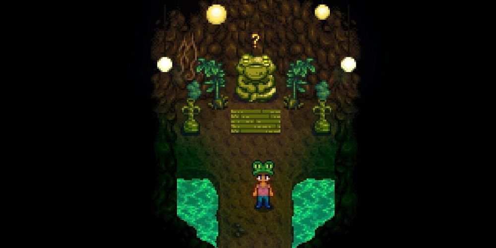 A farmer wearing the Frog Hat inside the Gourmand Frog's cave