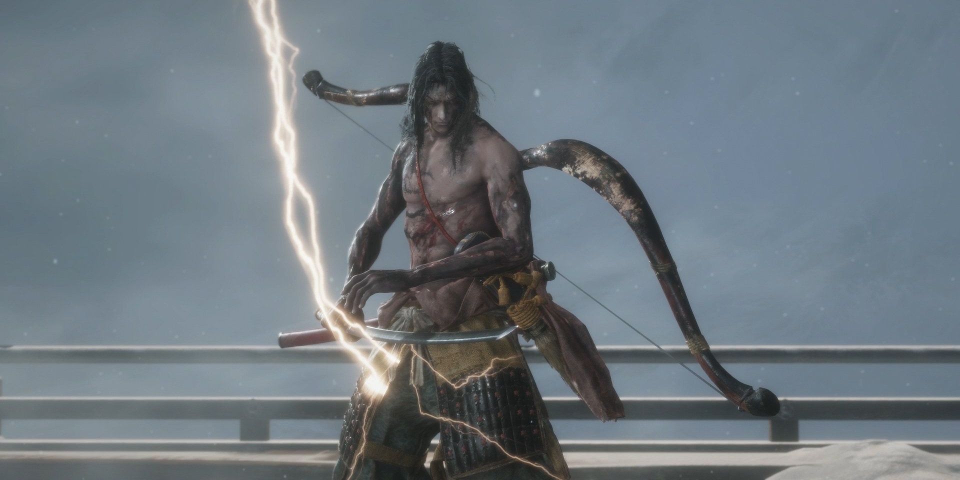 Genichiro in Sekiro with his shirt removed and lighting striking his sword