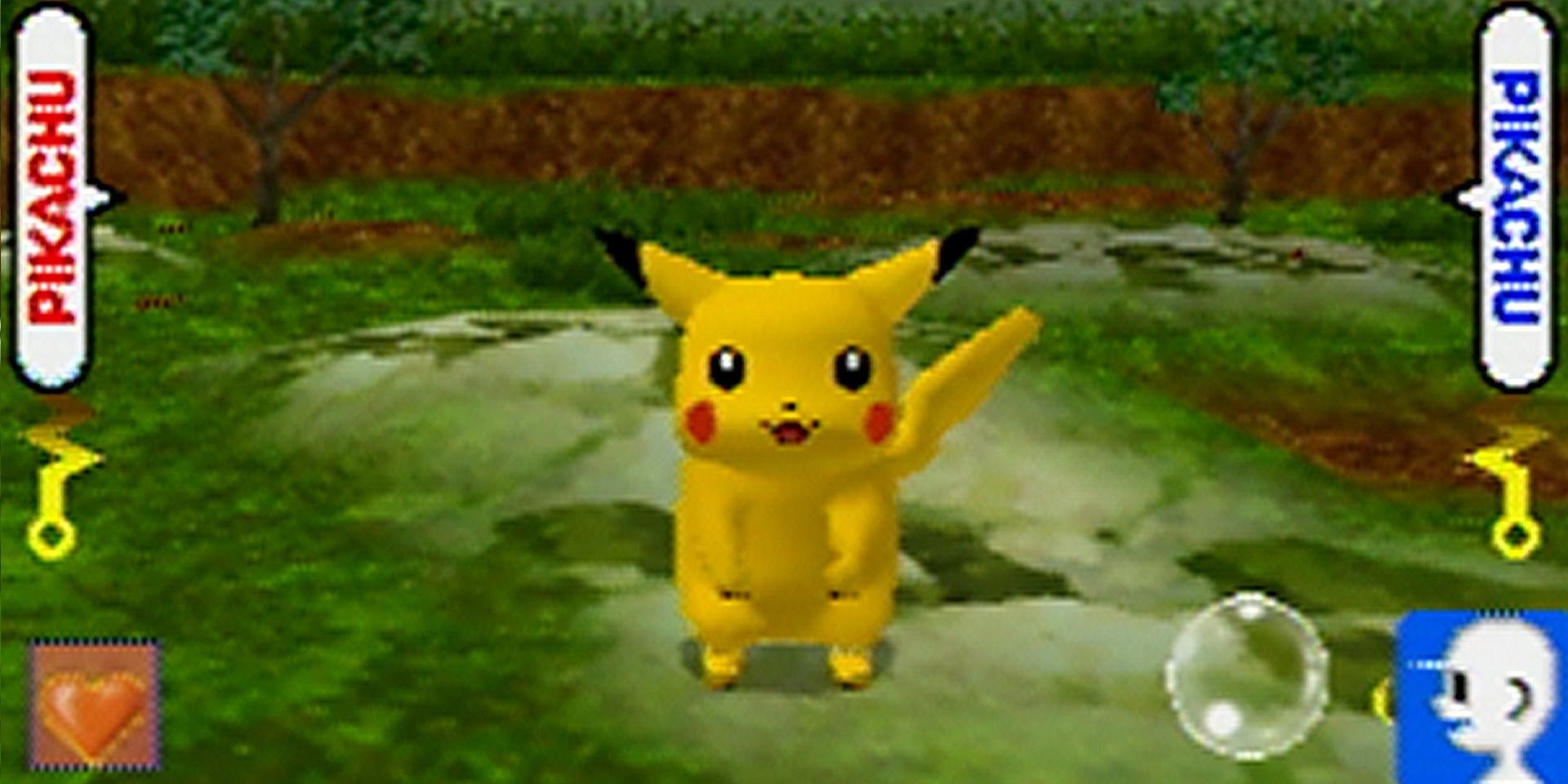 Pikachu standing in a field smiling 