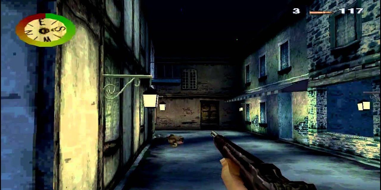Holding gun and aiming down dark street in Medal of Honor