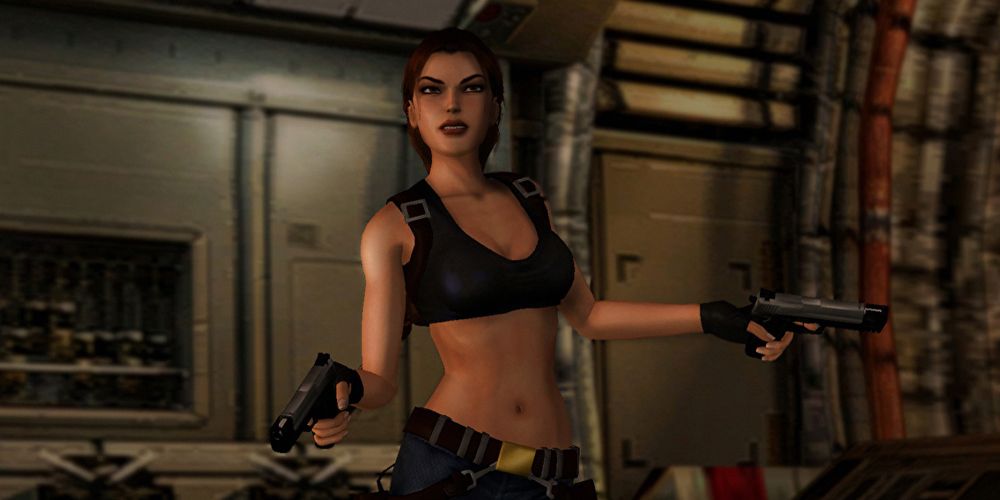 Lara Croft with twin pistols in a tank top in Angel of Darkness