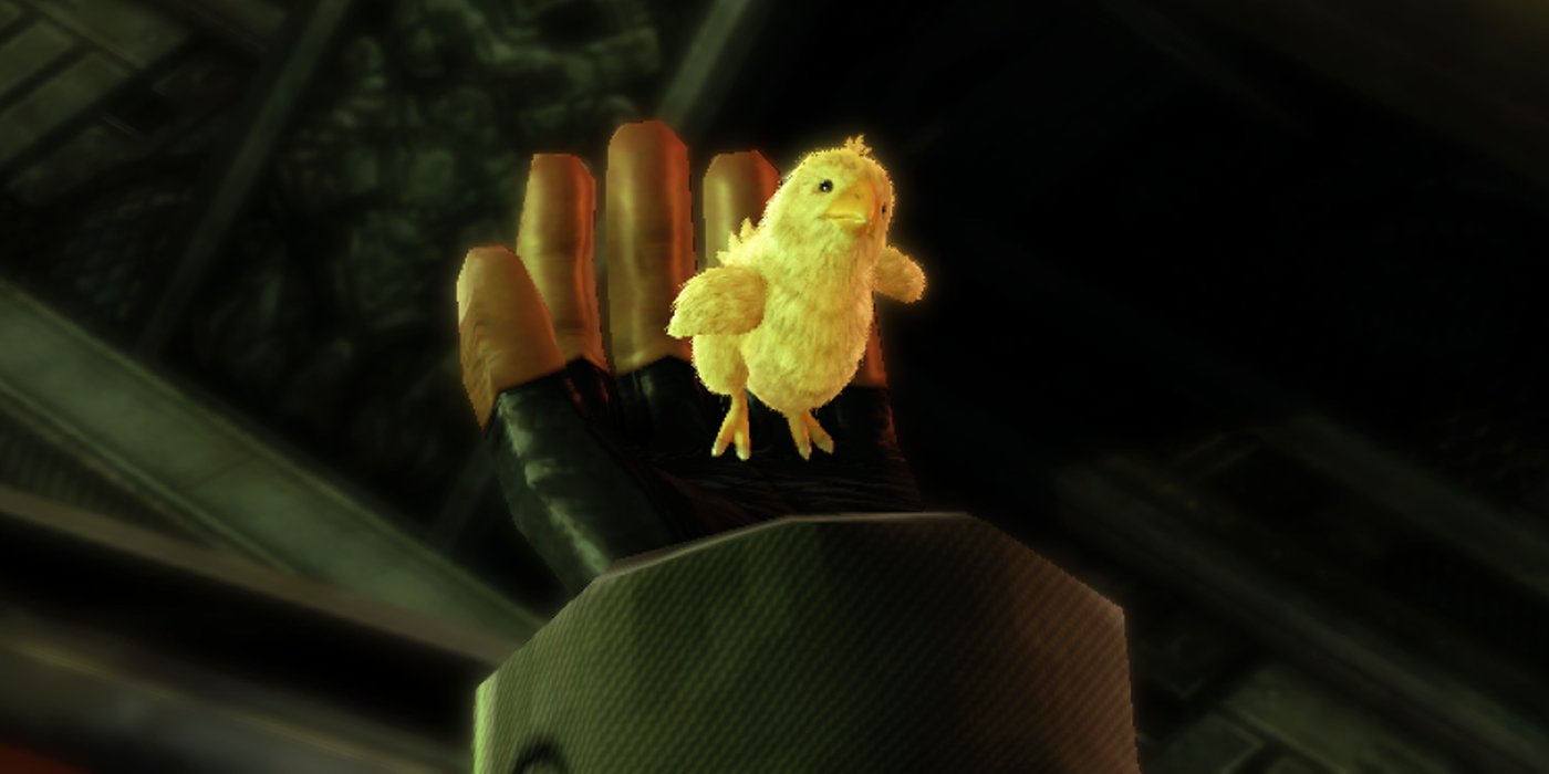 A baby Chocobo in Final Fantasy 13, held in the palm of someones hand.
