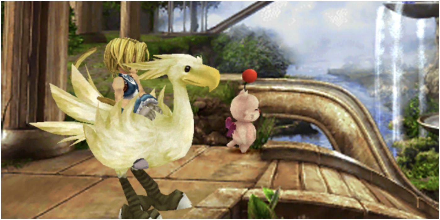 Zidane sits on a Chocobo next to a Moogle, looking over a lush jungle landscape.