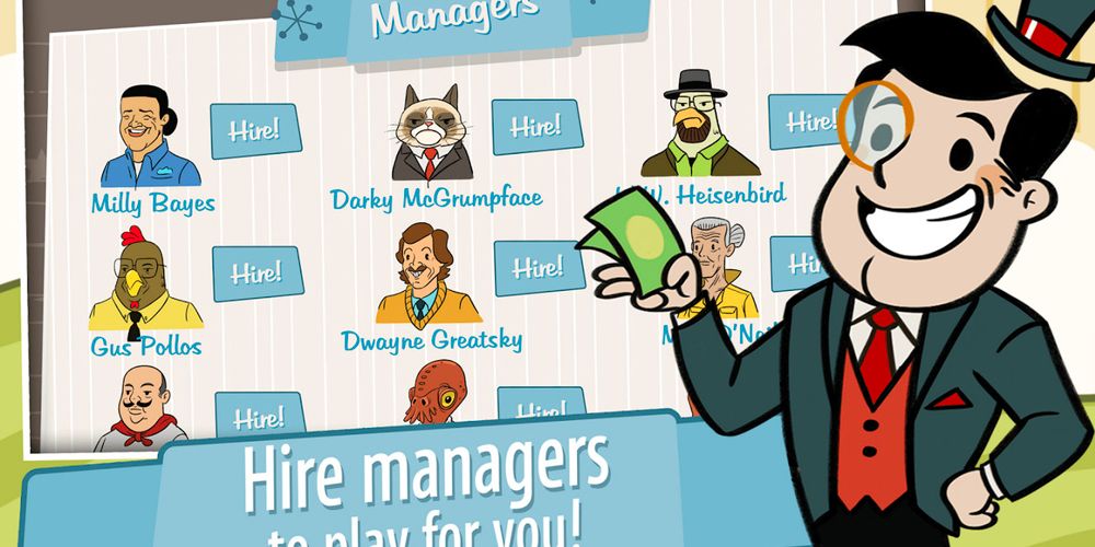 adVenture capitalist character holding money over the 'Managers' option screen
